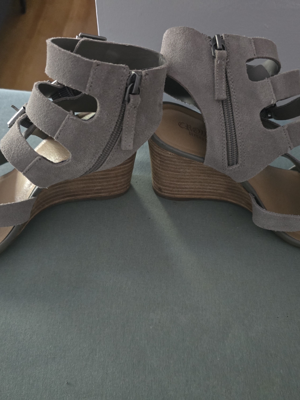 Crown Vintage Gray Suede Cutout Wedge Sandals